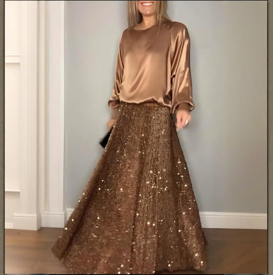 🎅Xmas Sales - 52% OFF🎄Women's Long Sleeve Top & Sequin Maxi Skirt Two-Piece Set