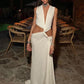 V-Neck Waist Cutout Pleated Slit Long Dress