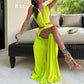 V-Neck Waist Cutout Pleated Slit Long Dress